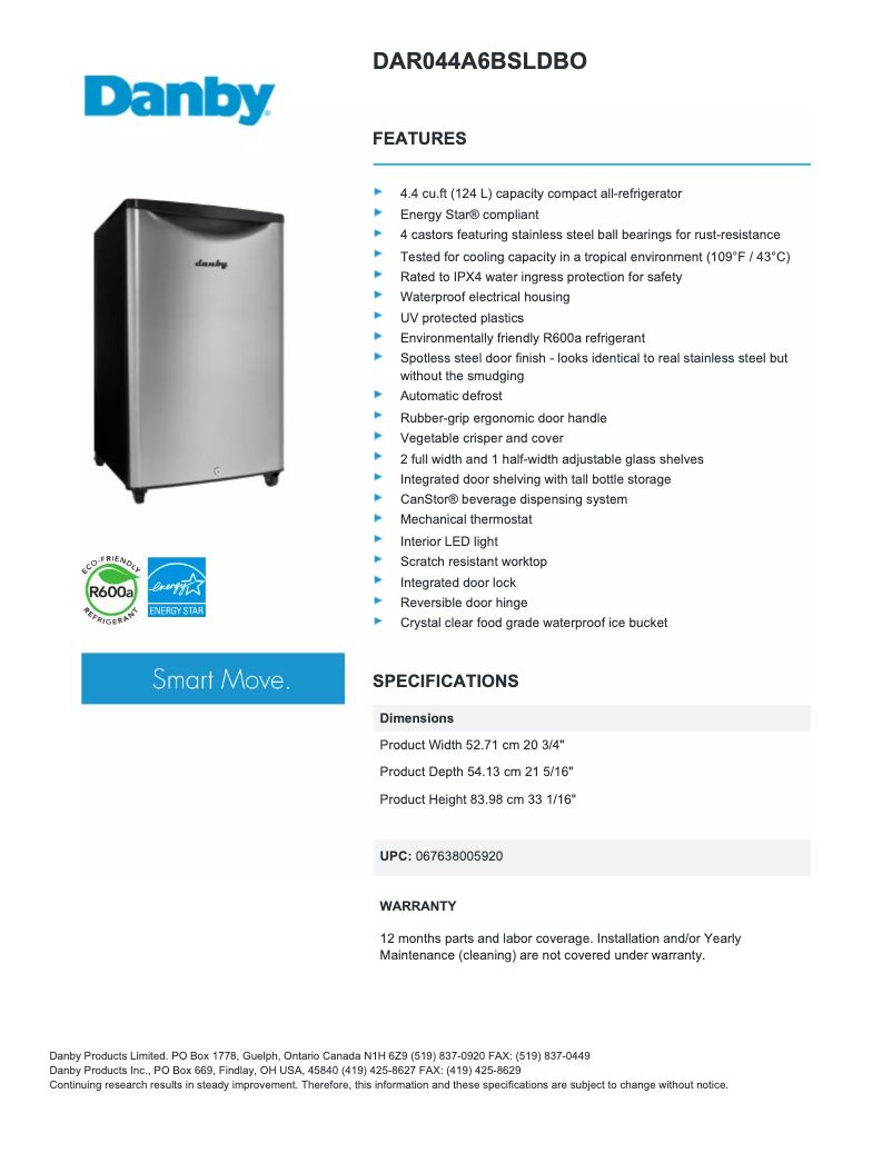 Page 1 of the manual Technical Sheet Danby DAR044A6O