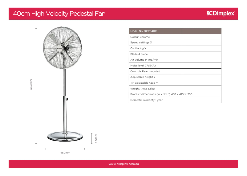 Page 1 of the manual Technical Sheet Dimplex DCPF40MB