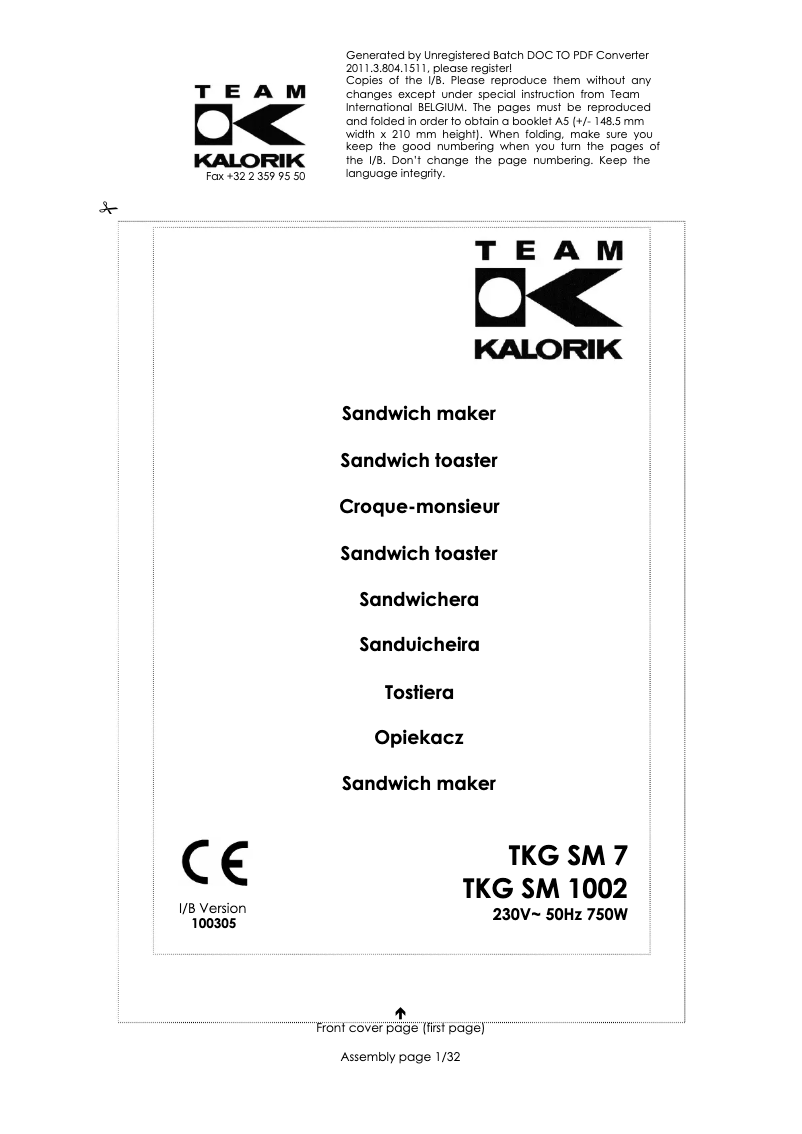 First page image of the manual for TKG SM 7