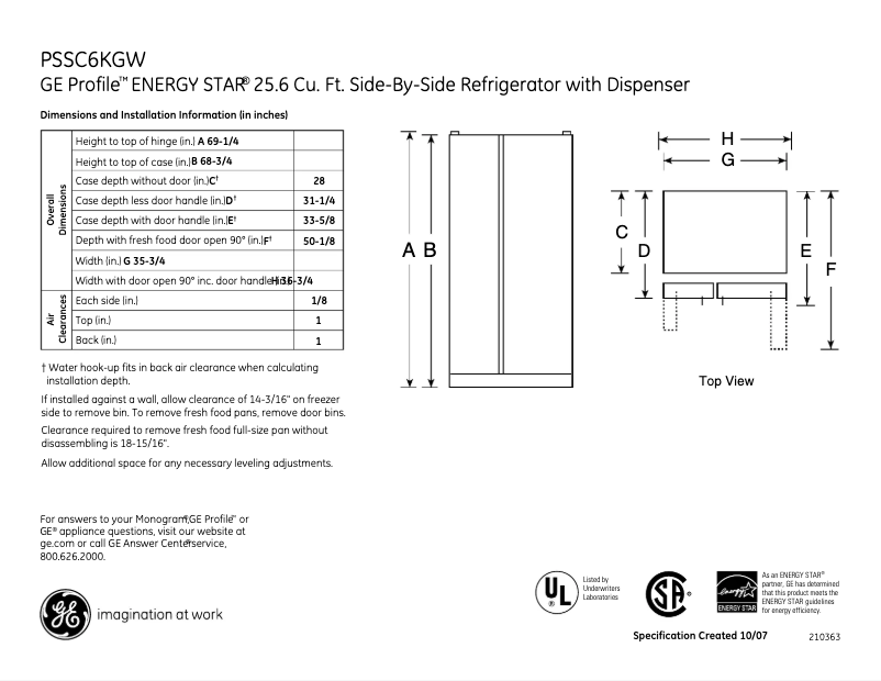 Page 1 of the manual Technical Sheet GE Profile PSSC6KGWWW