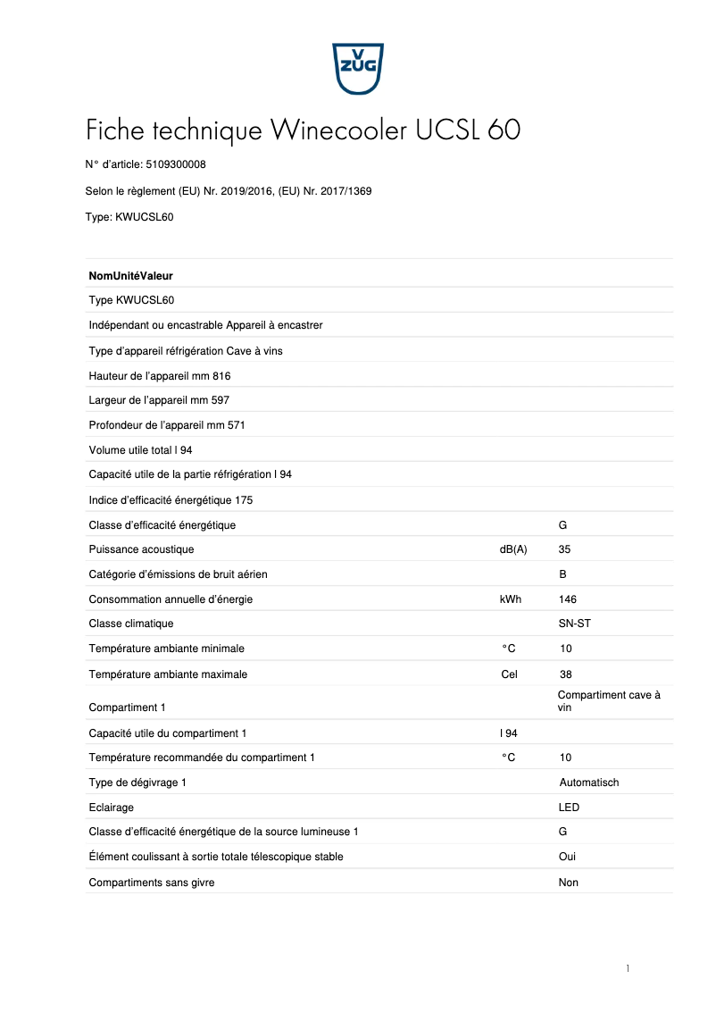 First page image of the manual for Winecooler UCSL 60