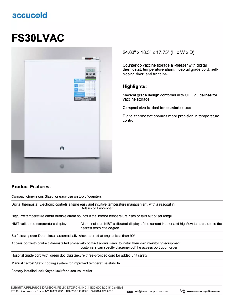 Page 1 of the manual Technical Sheet Summit Accucold FS30LVAC