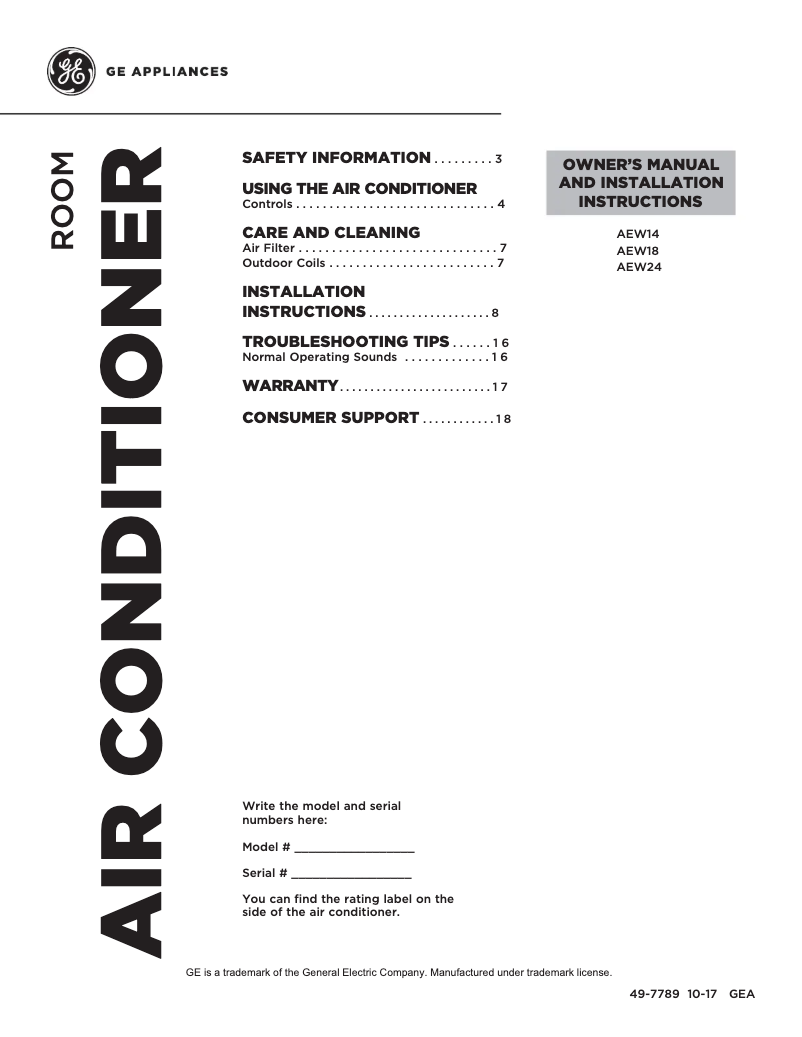 First page image of the manual for AEW24DT