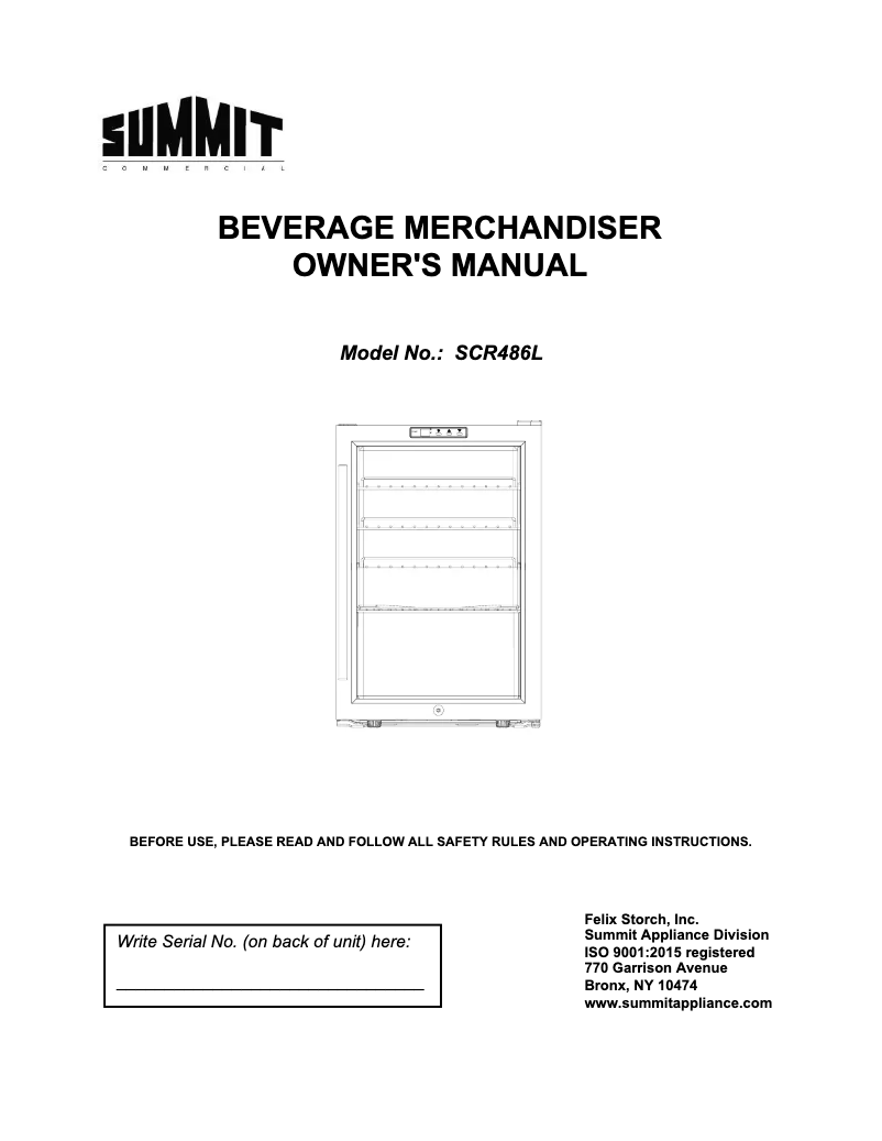 First page image of the manual for Commercial SCR486L
