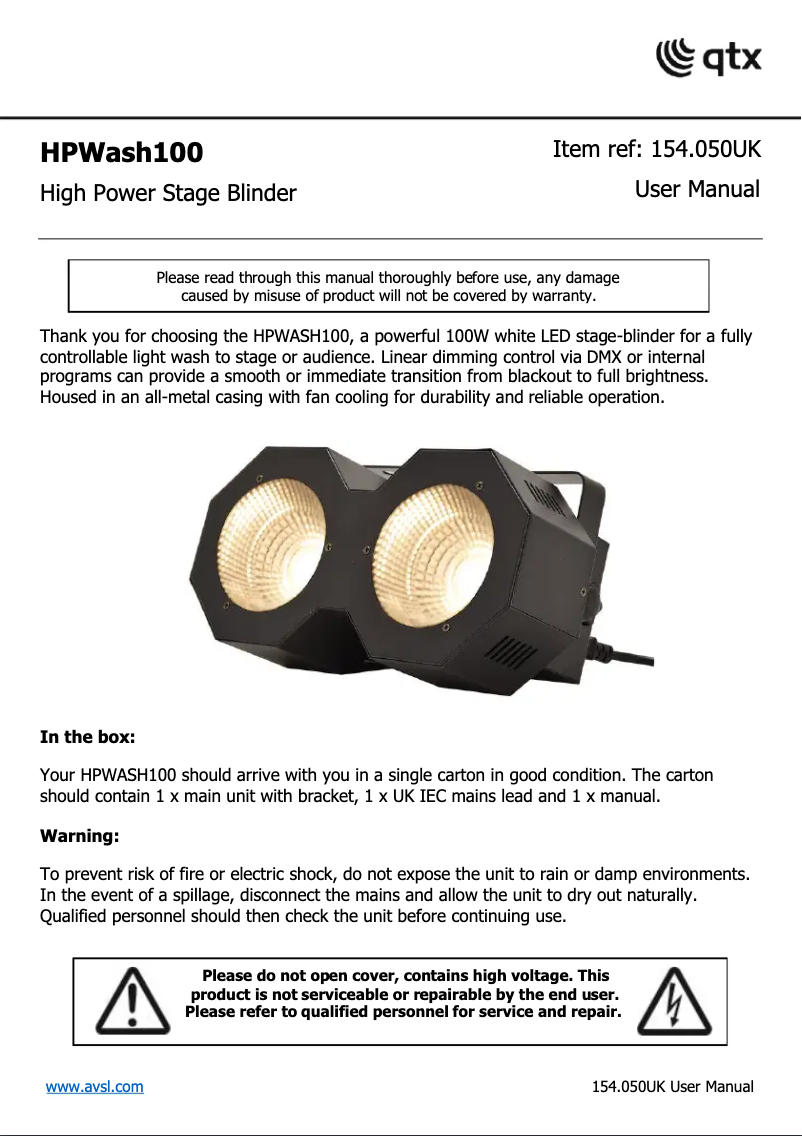 Page 1 of the manual User Manual Qtx HPWash100
