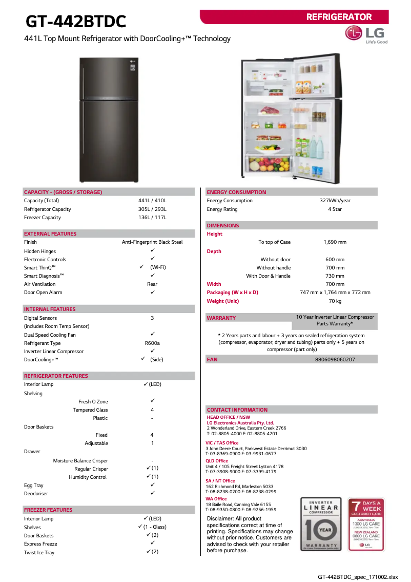 Page 1 of the manual Technical Sheet LG GT-442BTDC