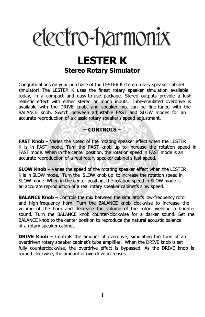 Page 1 of the manual User Manual Electro Harmonix Lester K
