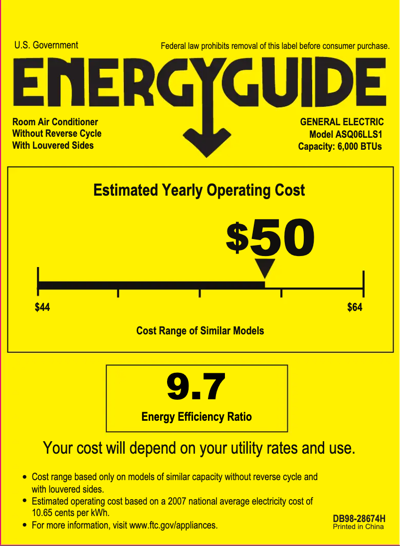 Page 1 of the manual Energy Label GE ASQ06LL