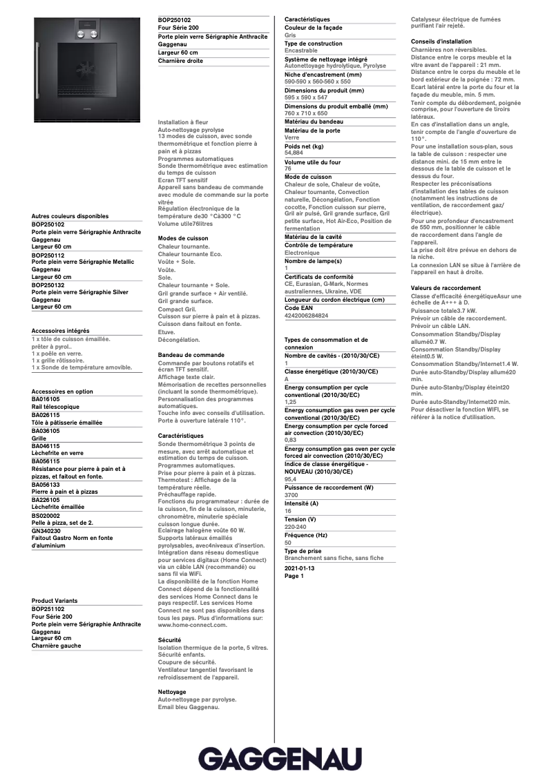 Page 1 of the manual Technical Sheet Gaggenau BOP250102
