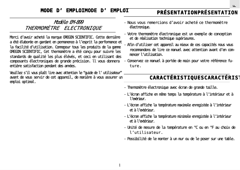 Page 1 of the manual User Manual Oregon Scientific EM899