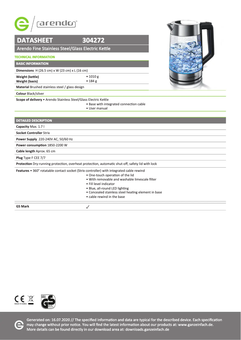 Page 1 of the manual Technical Sheet Arendo Fine 304272