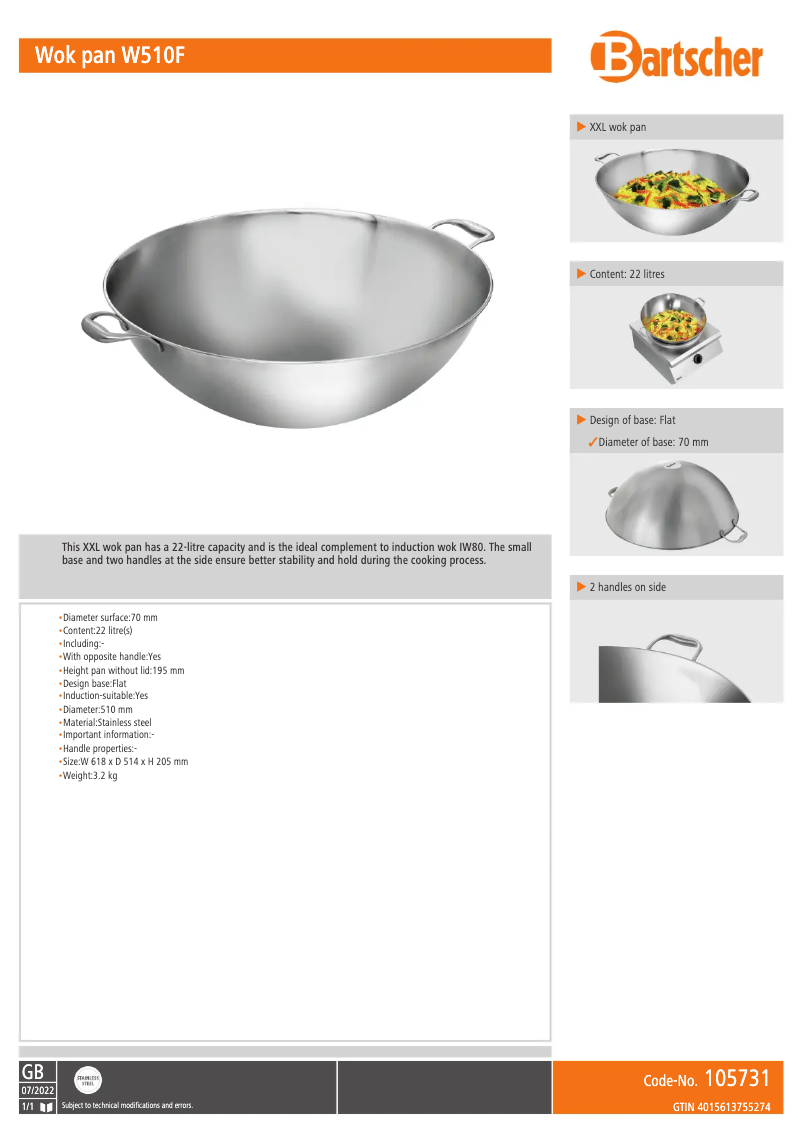 Page 1 of the manual Technical Sheet Bartscher W510F