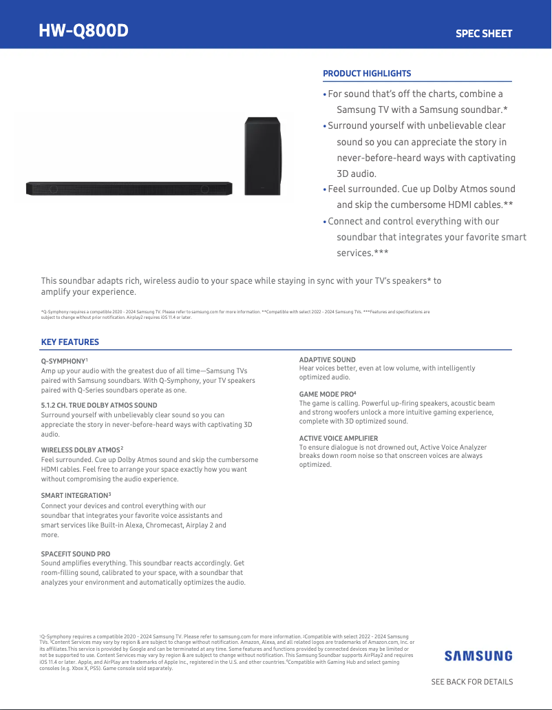 Page 1 of the manual Technical Sheet Samsung HW-Q800D