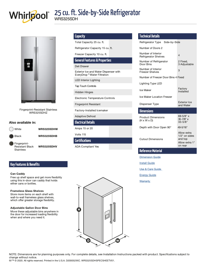 Page 1 of the manual Technical Sheet Whirlpool WRS325SDHV