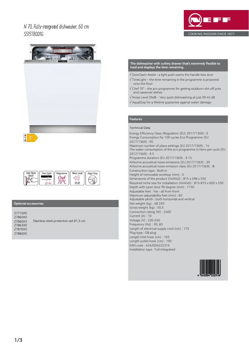 Page 1 of the manual Technical Sheet Neff S515T80D1G