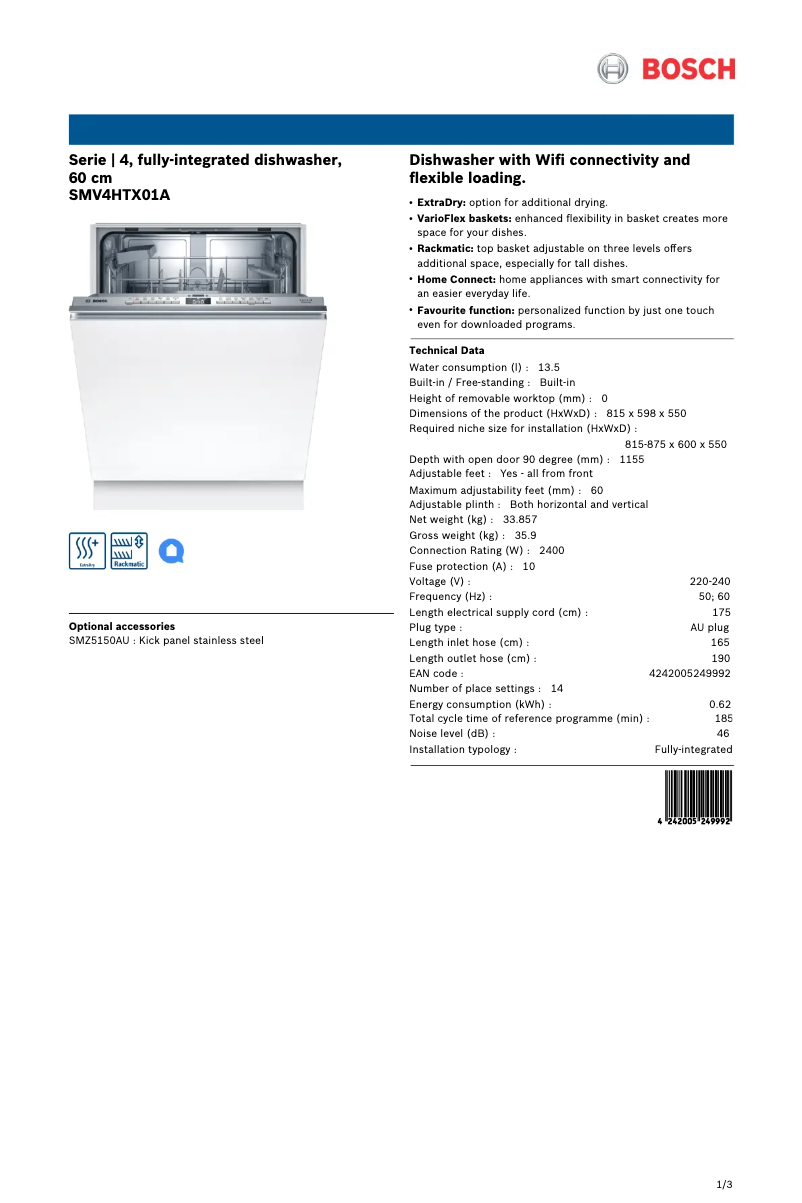 Page 1 of the manual Technical Sheet Bosch SMV4HTX01A