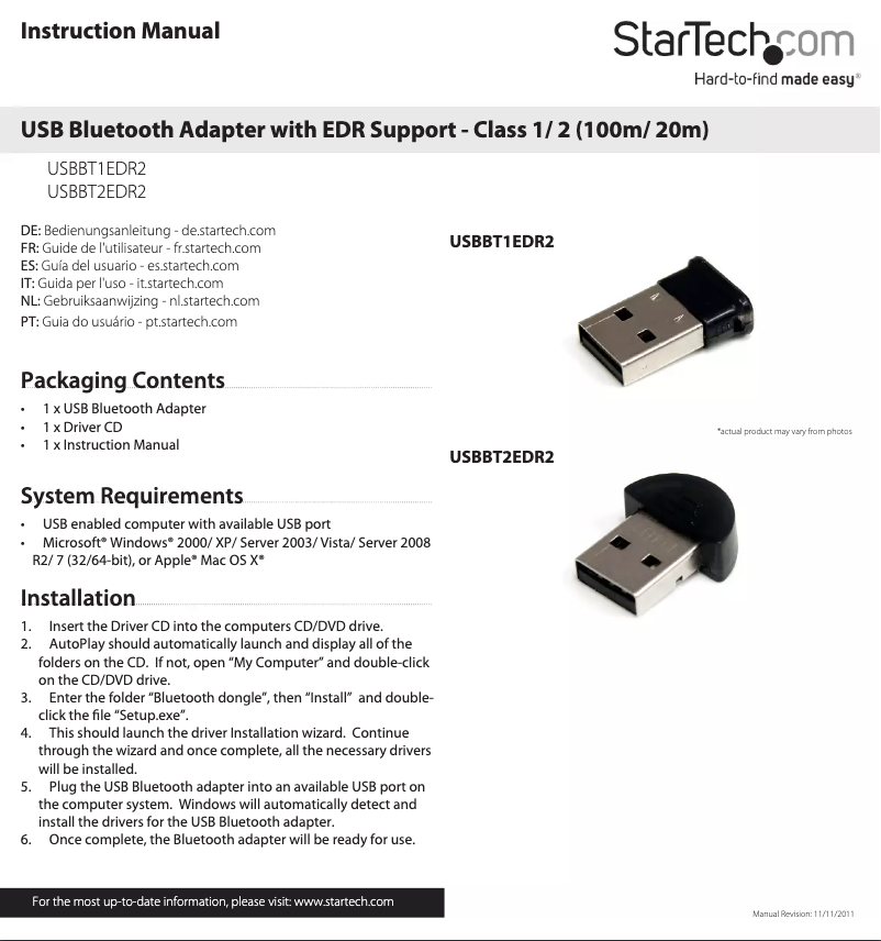 Page 1 de la notice Manuel utilisateur StarTech.com USBBT1EDR2