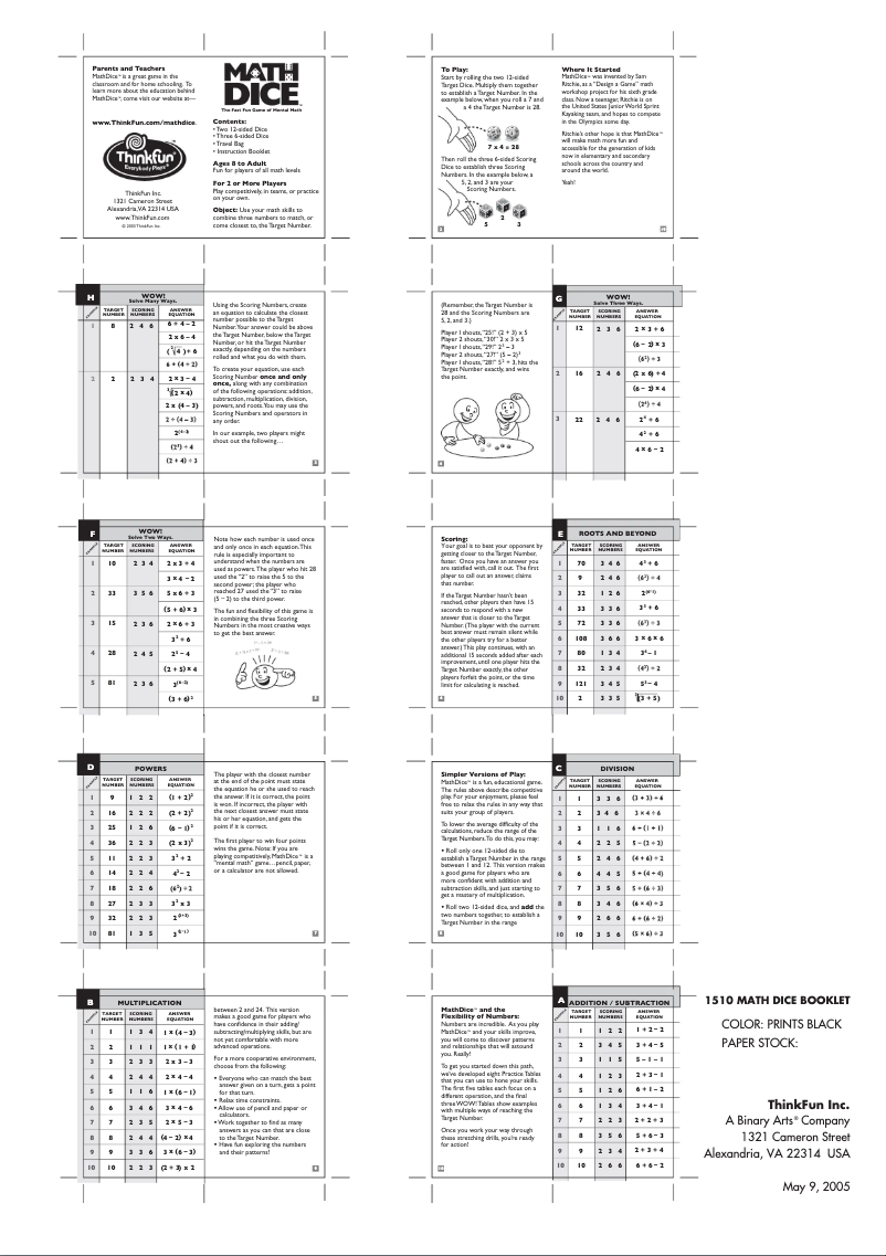 Page 1 of the manual User Manual ThinkFun Math Dice
