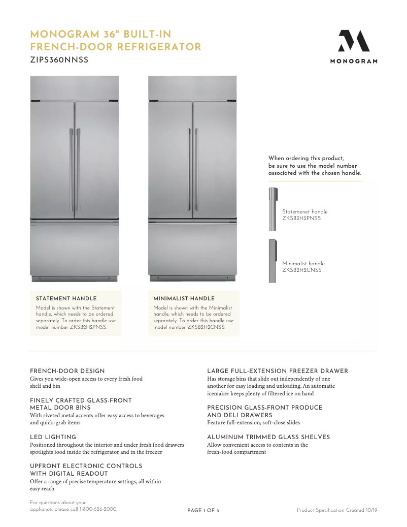 Page 1 of the manual Technical Sheet Monogram ZIPS360NNSS