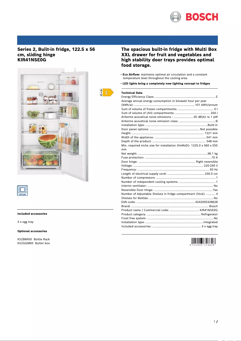 Page 1 of the manual Technical Sheet Bosch KIR41NSE0G