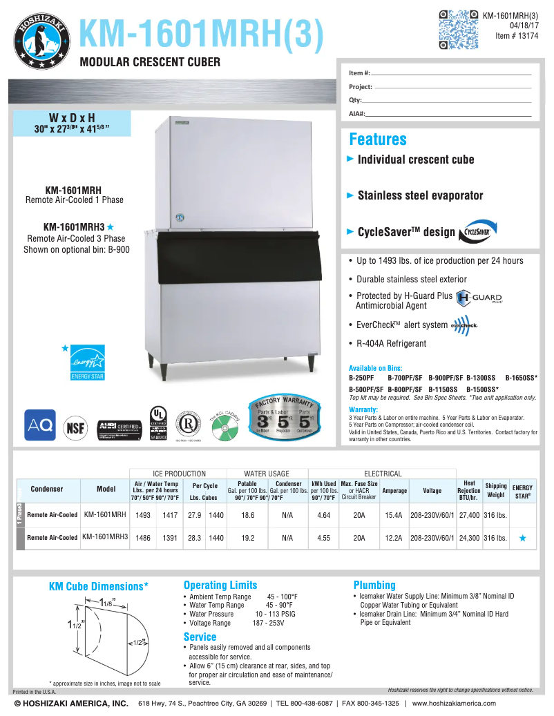 Page 1 of the manual Technical Sheet Hoshizaki KM-1601MRH
