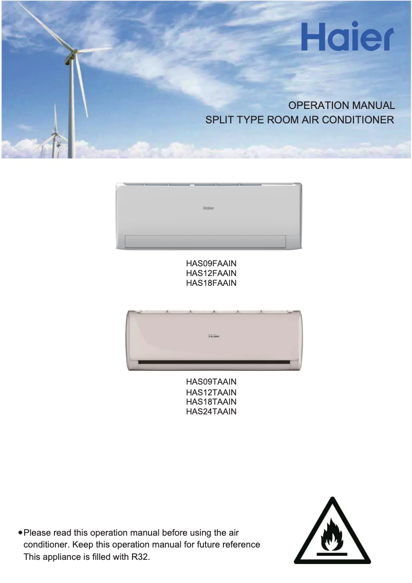 First page image of the manual for HAS09FAAIN