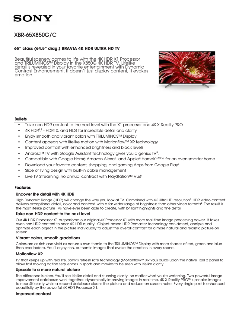 First page image of the manual for XBR65X850G