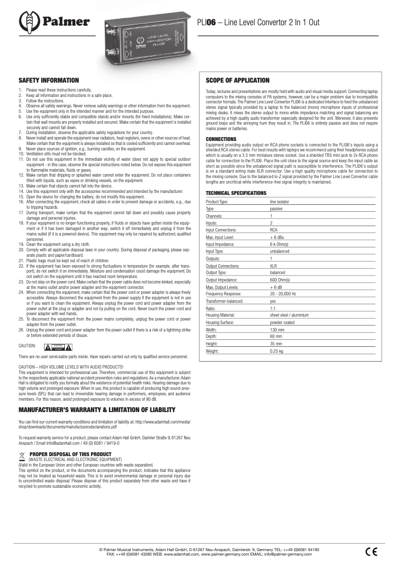Page 1 of the manual User Manual Palmer PLI-06