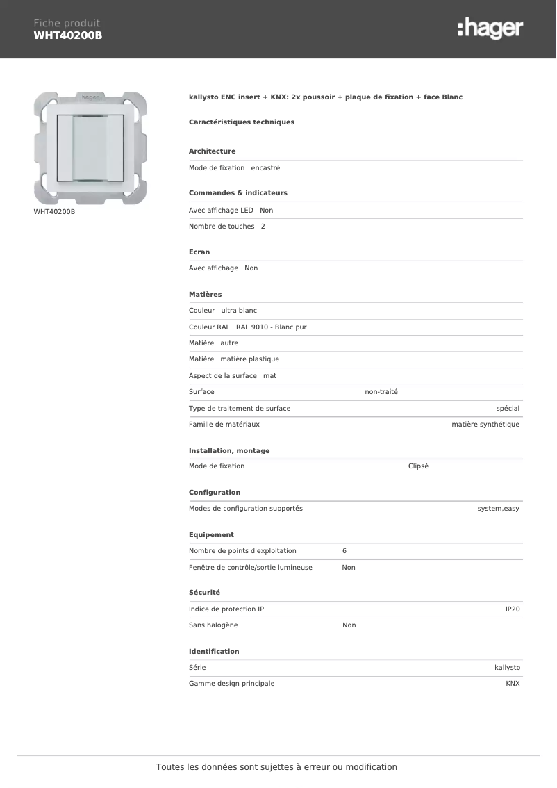 Page 1 of the manual Technical Sheet Hager WHT40200B