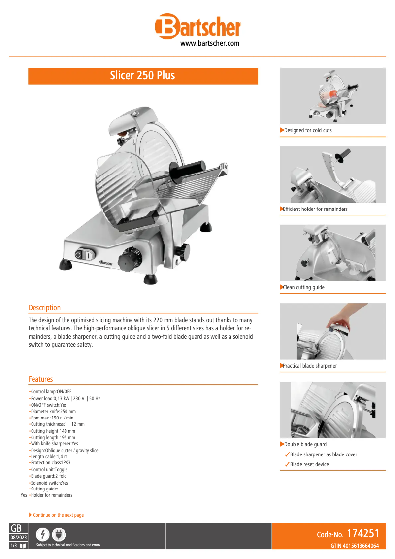 Page 1 of the manual Technical Sheet Bartscher 174251