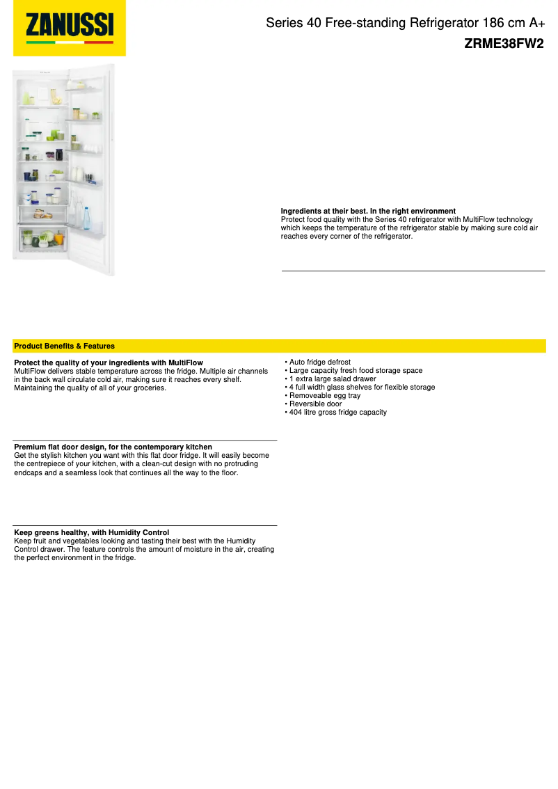Page 1 of the manual Technical Sheet Zanussi ZRME38FW2