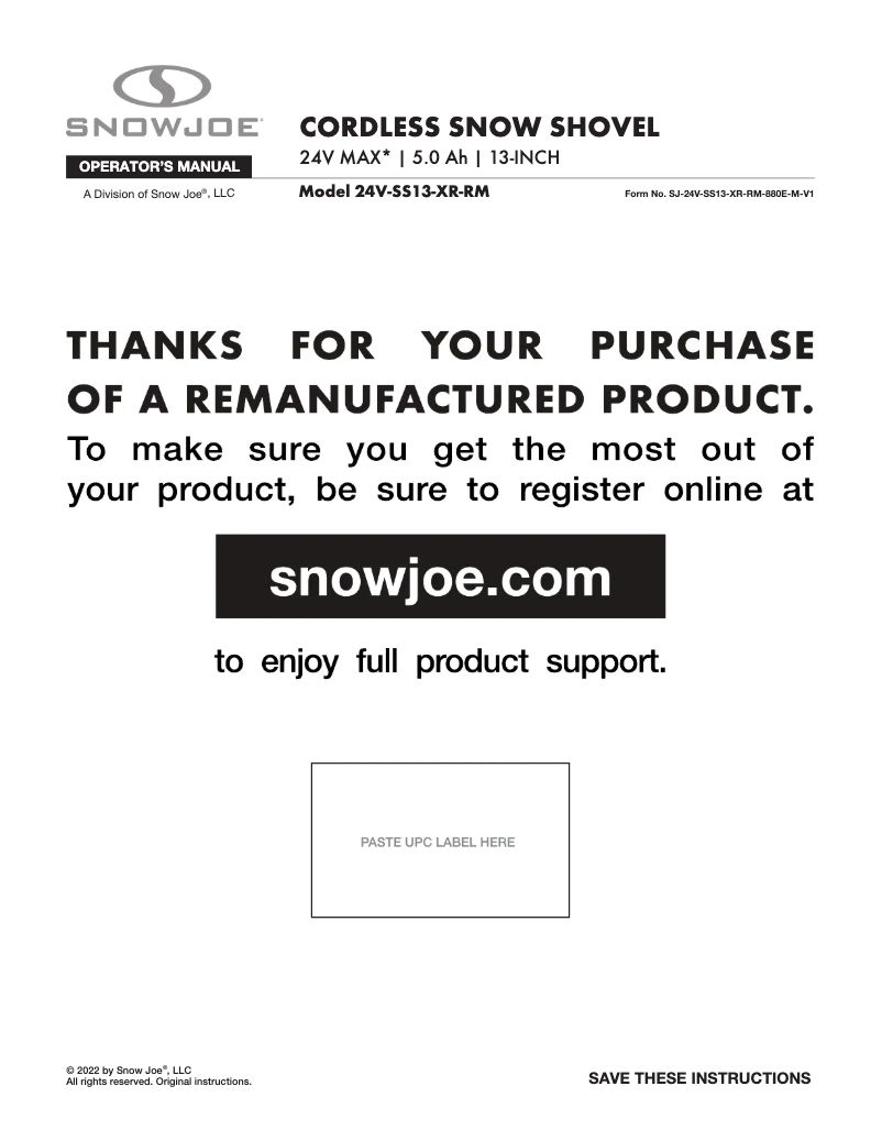 Page 1 of the manual User Manual Snow Joe 24V-SS13-XR-RM