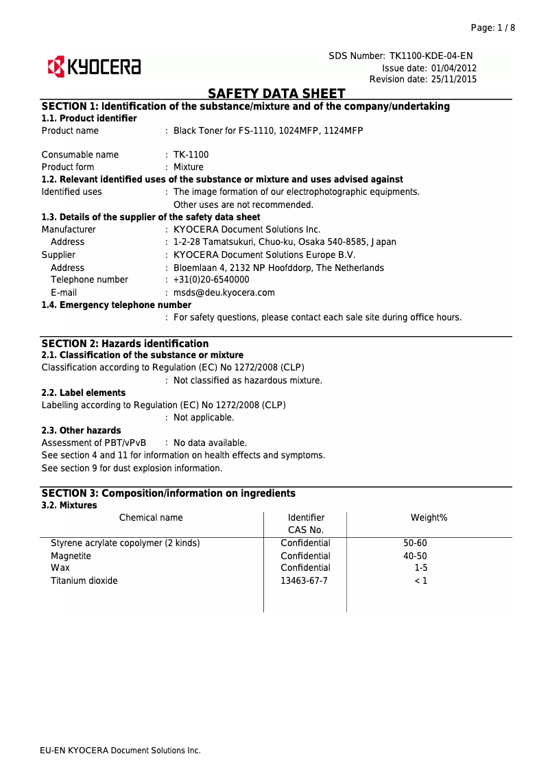 Page 1 of the manual Safety Instructions Kyocera FS-1124MFP