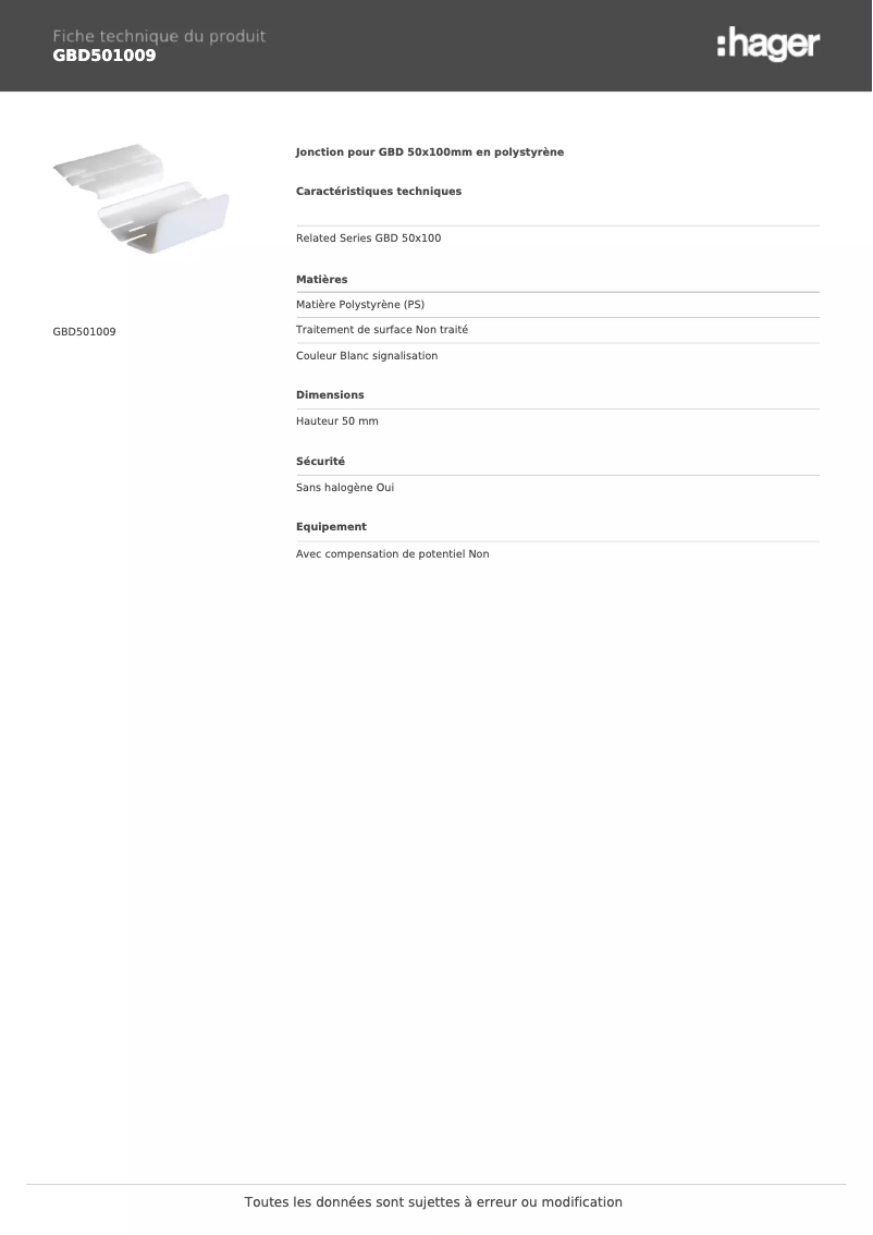 Page 1 of the manual Technical Sheet Hager GBD501009