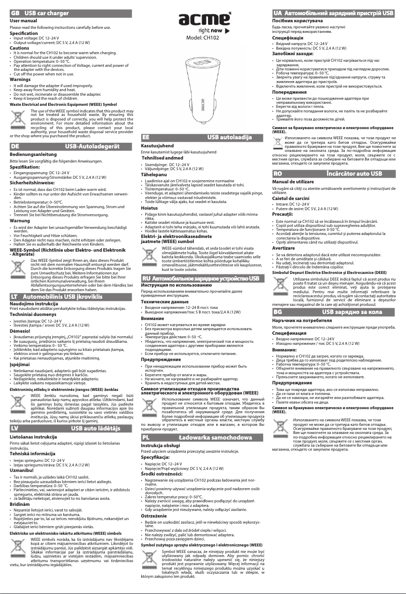 Page 1 de la notice Manuel utilisateur Acme CH102