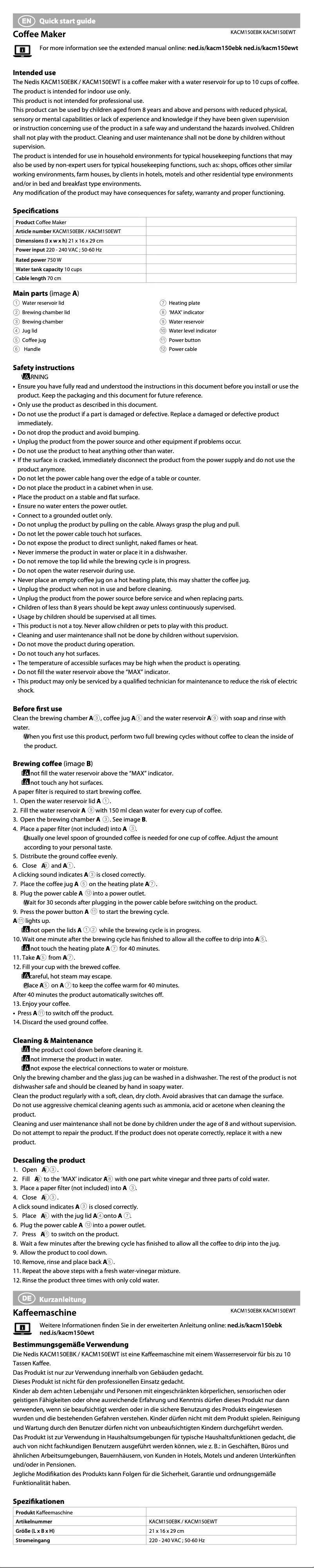 Page 1 of the manual User Manual Nedis KACM150EBK