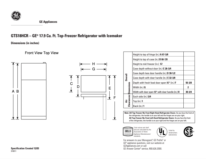 Page 1 of the manual Technical Sheet GE GTS18HCRWW