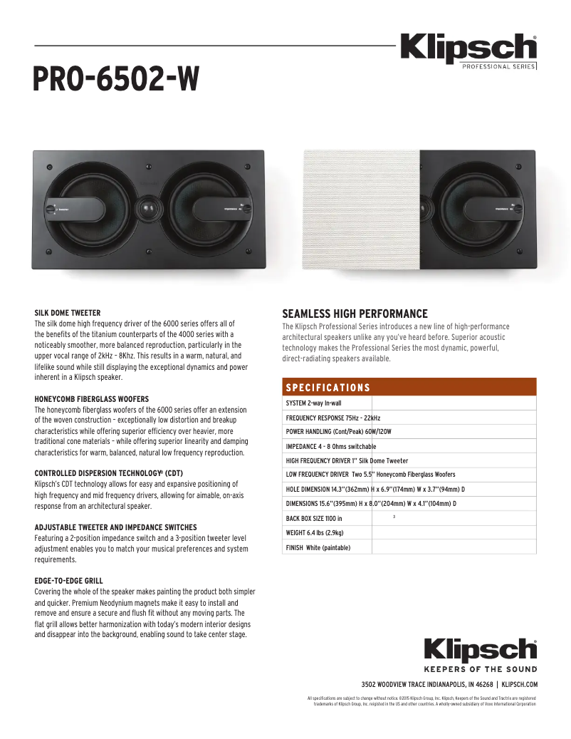 Page 1 of the manual Technical Sheet Klipsch PRO-6502-W