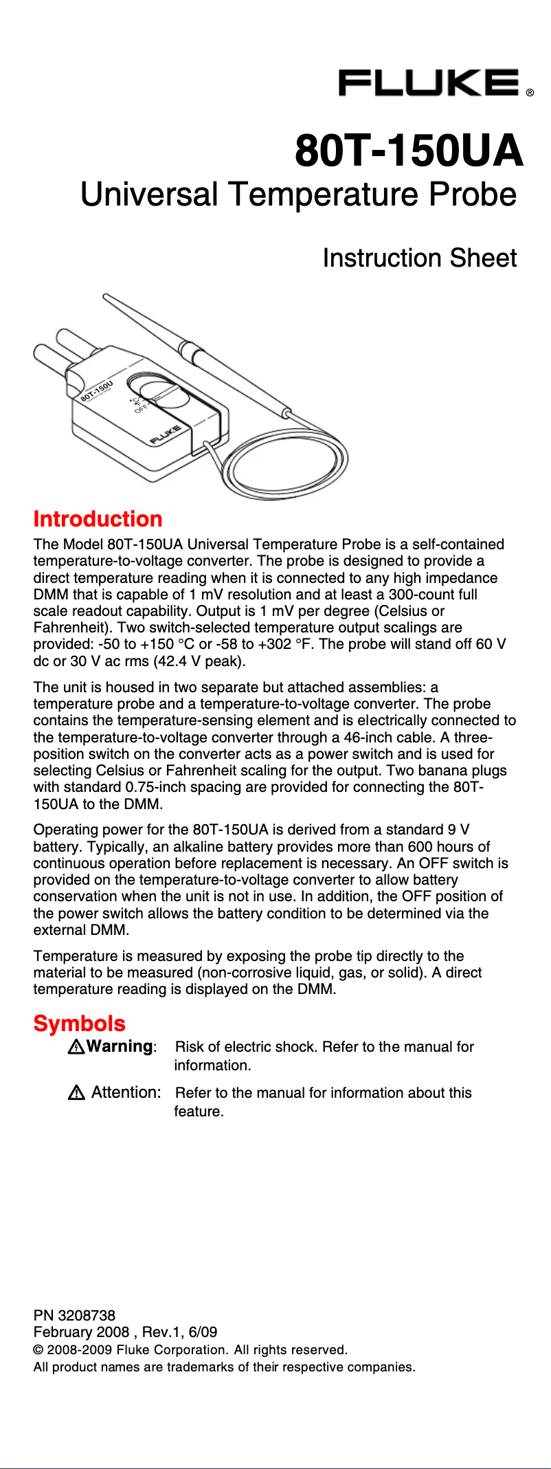 Page 1 of the manual User Manual Fluke 80T-150UA