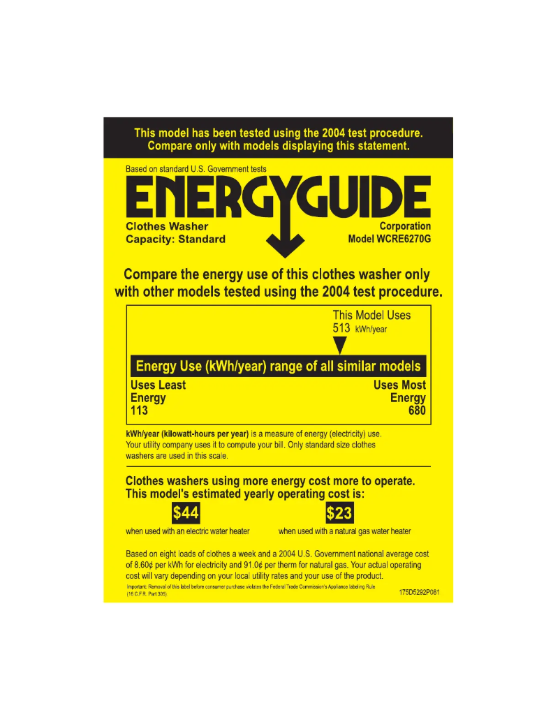 Page 1 of the manual Energy Label GE WCRE6270GWW