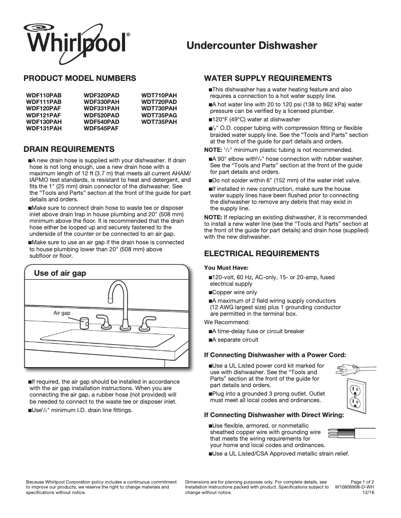 Page 1 of the manual Technical Sheet Whirlpool WDF330PAH