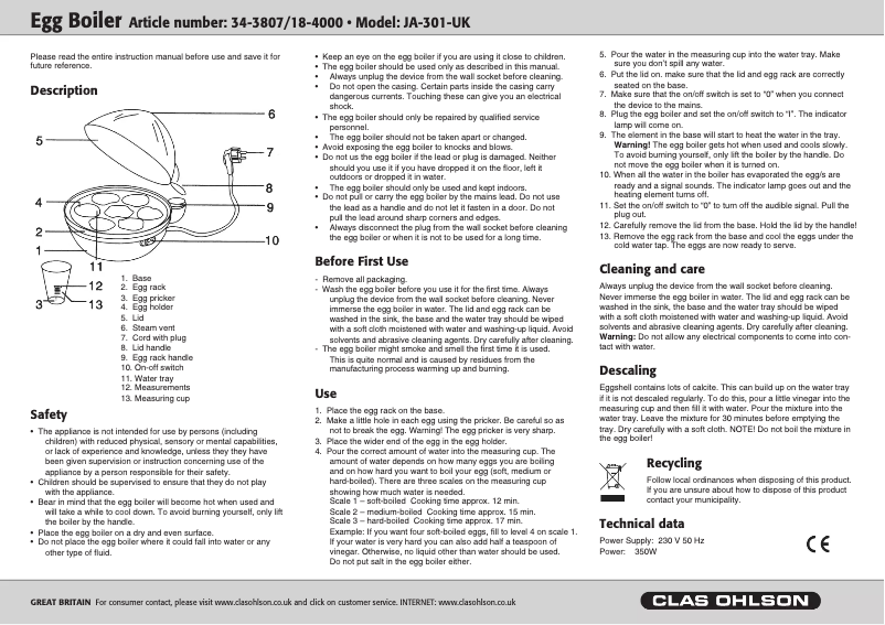 Page 1 de la notice Manuel utilisateur Clas Ohlson JA-301-UK