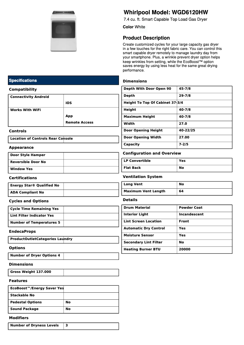 Page 1 of the manual Technical Sheet Whirlpool WGD7120HW