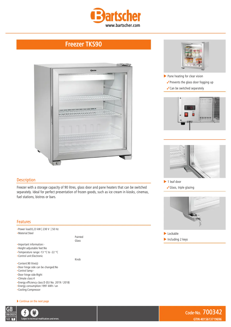 Page 1 of the manual Technical Sheet Bartscher TKS90