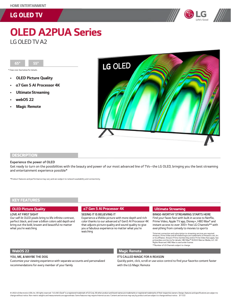 First page image of the manual for OLED65A2PUA
