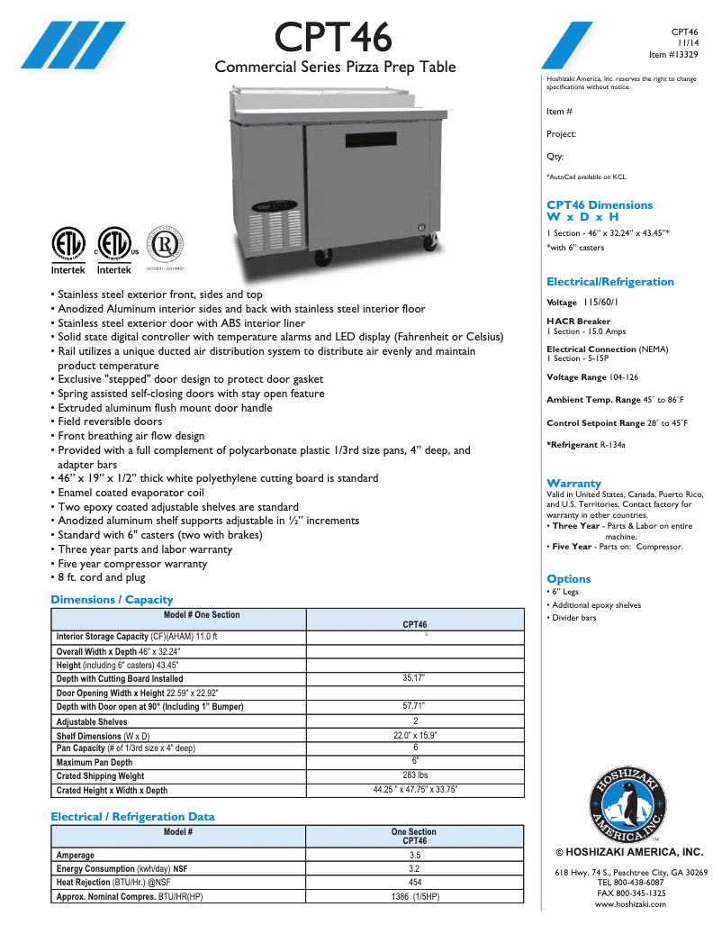 Page 1 of the manual Technical Sheet Hoshizaki CPT46
