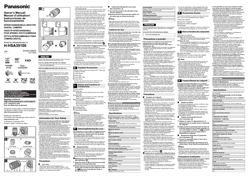 Page 1 of the manual User Manual Panasonic Lumix H-HSA35100