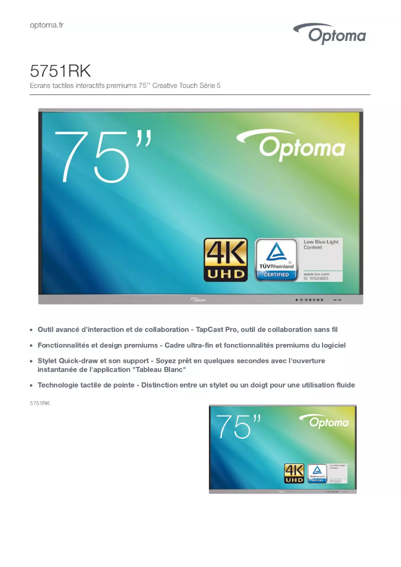 Page 1 of the manual Technical Sheet Optoma 5751RK