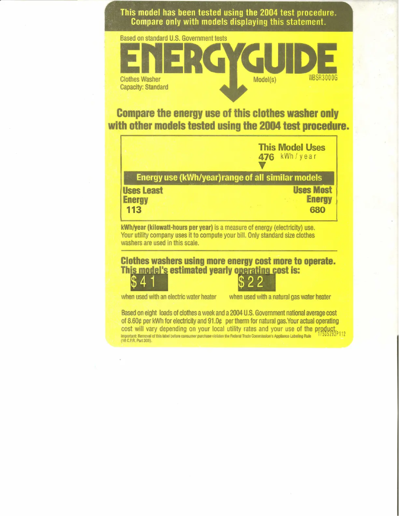 Page 1 of the manual Energy Label GE WBSR3000GWS