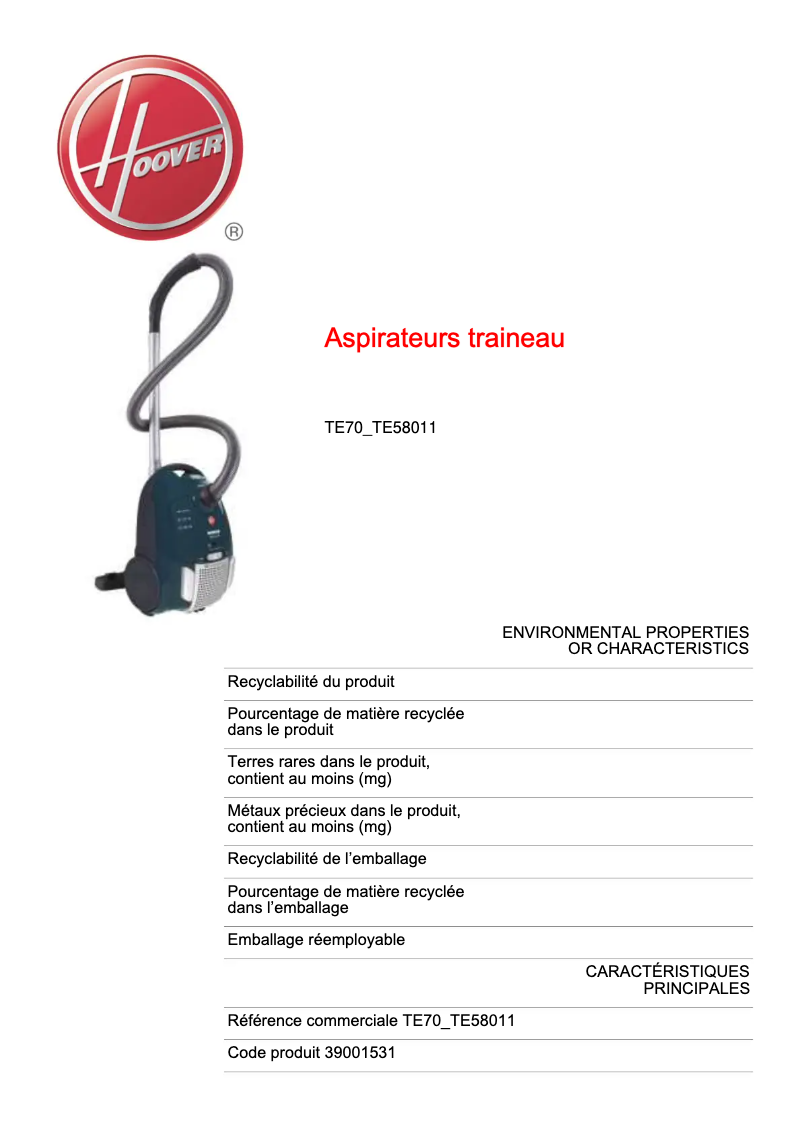 Page 1 of the manual Technical Sheet Hoover Telios Plus TE70_TE58011